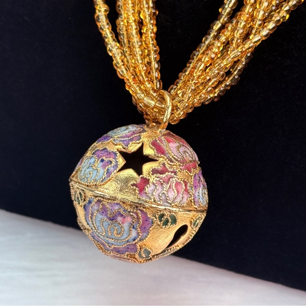 Gorgeous goldtone, enamel ball pendant, multi strand, beaded necklace